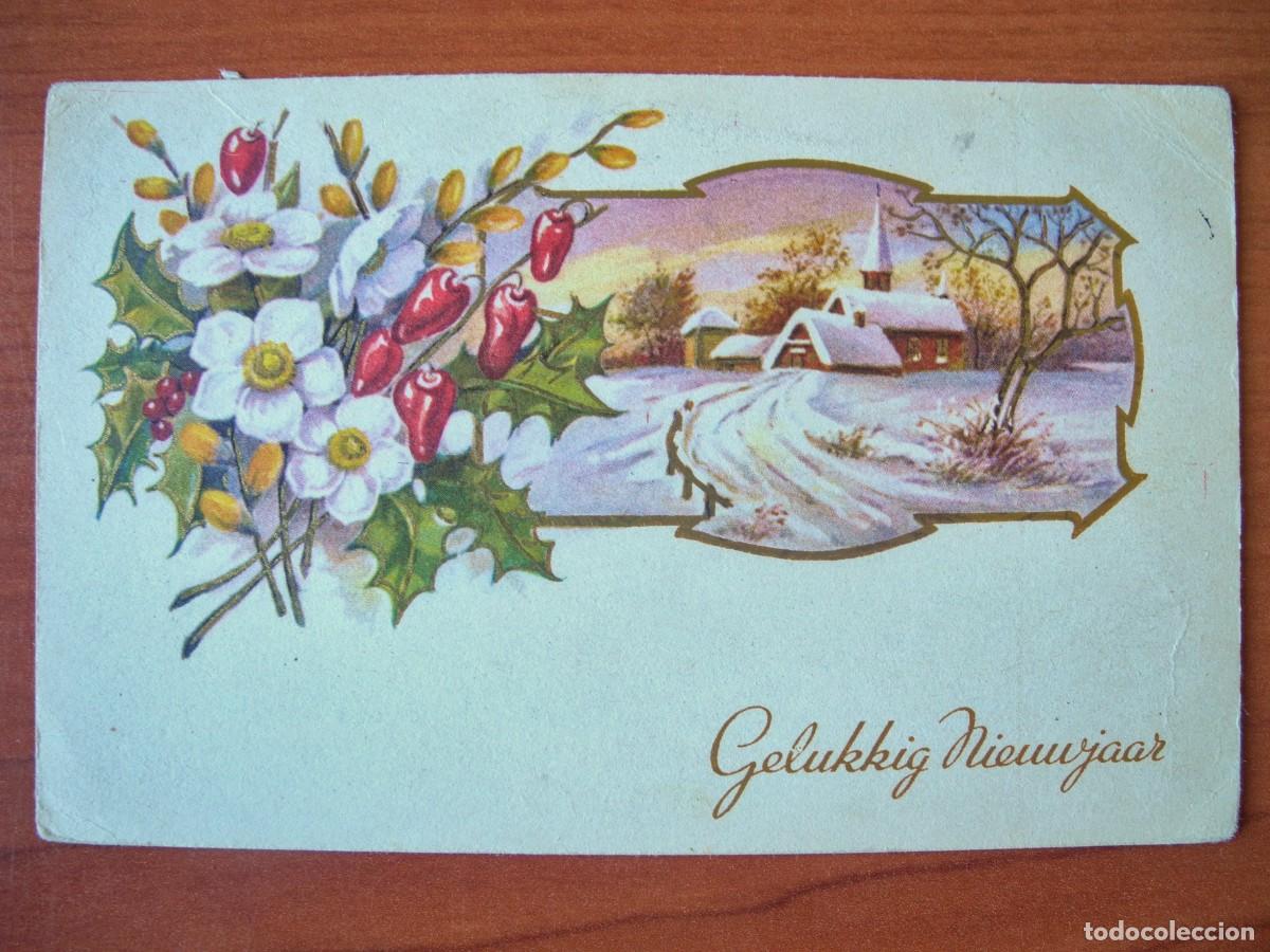Postales: Postal Navidad. Flores paisaje nevado contornos dorados 14x9. Circulada sin sello 1950
