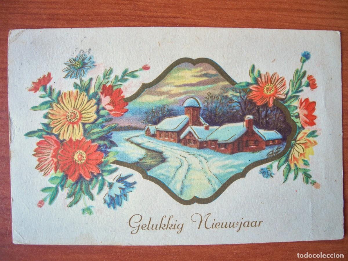 Postales: Postal Navidad. Flores paisaje nevado contornos dorados 14x9. Circulada con sello 1956