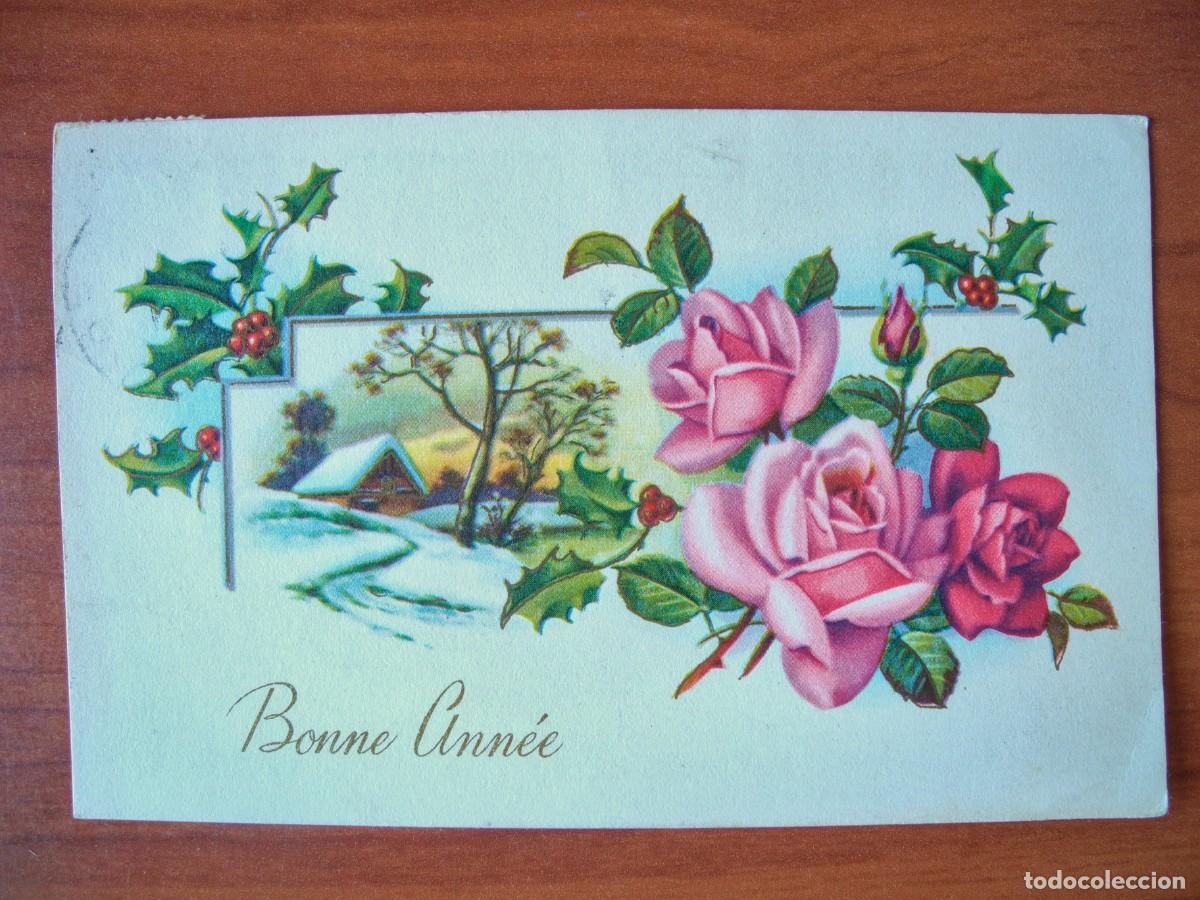 Cartoline: Postal Navidad. Flores rosas acebo paisaje nevado contornos dorados 14x9. Circulada con sello 1954