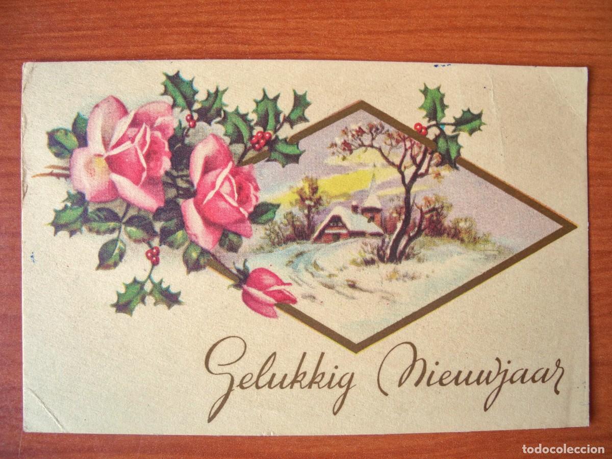 Postales: Postal Navidad. Flores rosas acebo paisaje nevado contornos dorados 14x9. Circulada con sello 1951