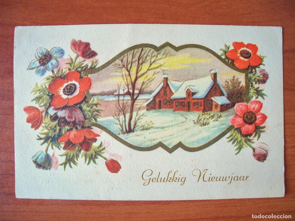 Cartoline: Postal Navidad. Flores paisaje nevado contornos dorados 14x9. Circulada con sello