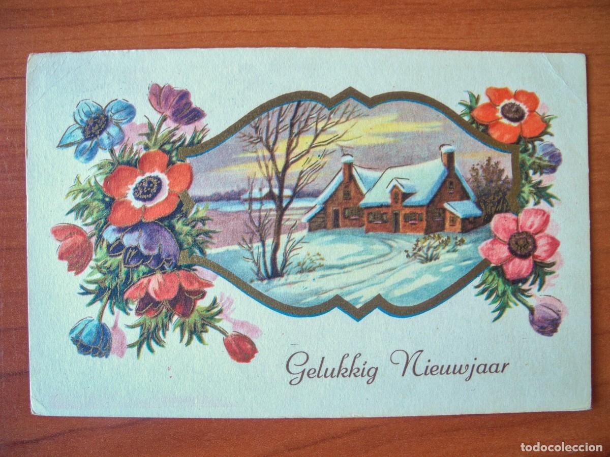 Postales: Postal Navidad. Flores paisaje nevado contornos dorados 14x9. Circulada con sello 1954