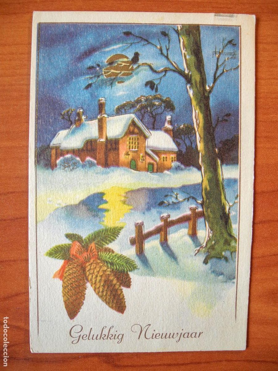 Postkarten: Postal Navidad. Pi&ntilde;as paisaje nevado contornos dorados. Circulada con sello.