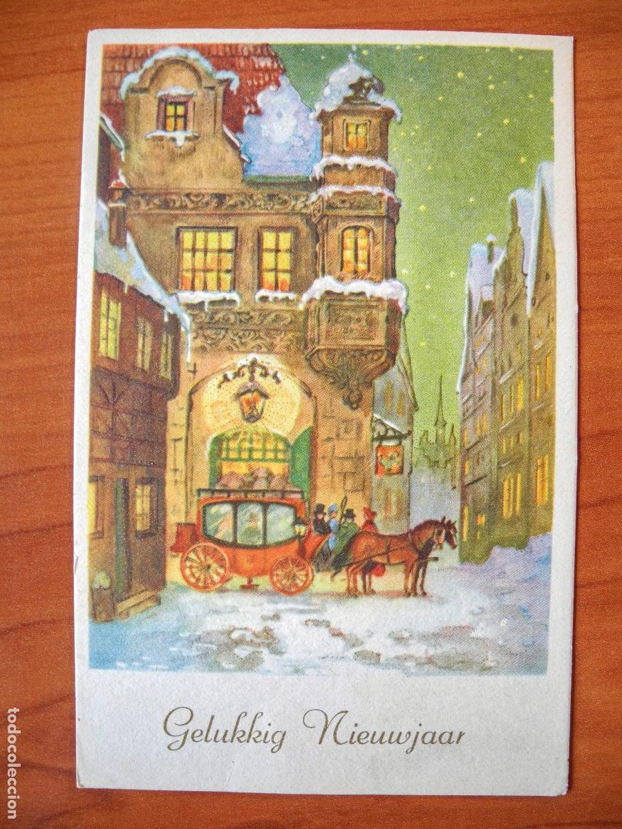 Postkarten: Postal Navidad coche de caballos paisaje nevado casas personas punteados dorados. Circulada 1960