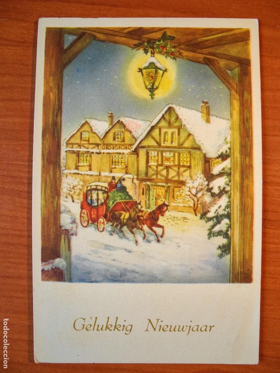 Postkarten: Postal Navidad coche de caballos paisaje nevado casas personas contornos dorados. Circulada 1958