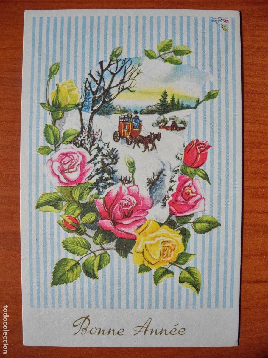 Postkarten: Postal Navidad flores rosas coche de caballos paisaje nevado contornos dorados Circulada sello 1971