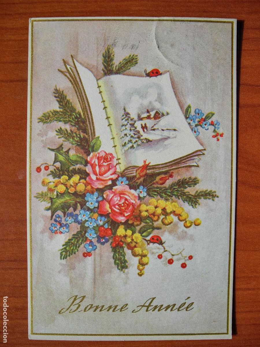 Postkarten: Postal Navidad flores rosas paisaje nevado libro contornos dorados Circulada sello 1956