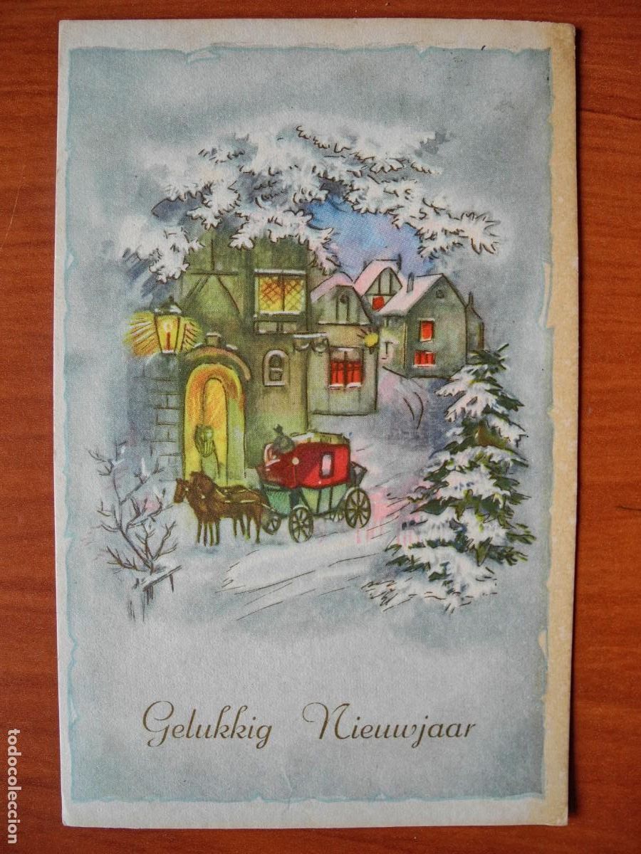 Postkarten: Postal Navidad coche de caballos paisaje nevado contornos dorados Circulada con sello a&ntilde;os 50