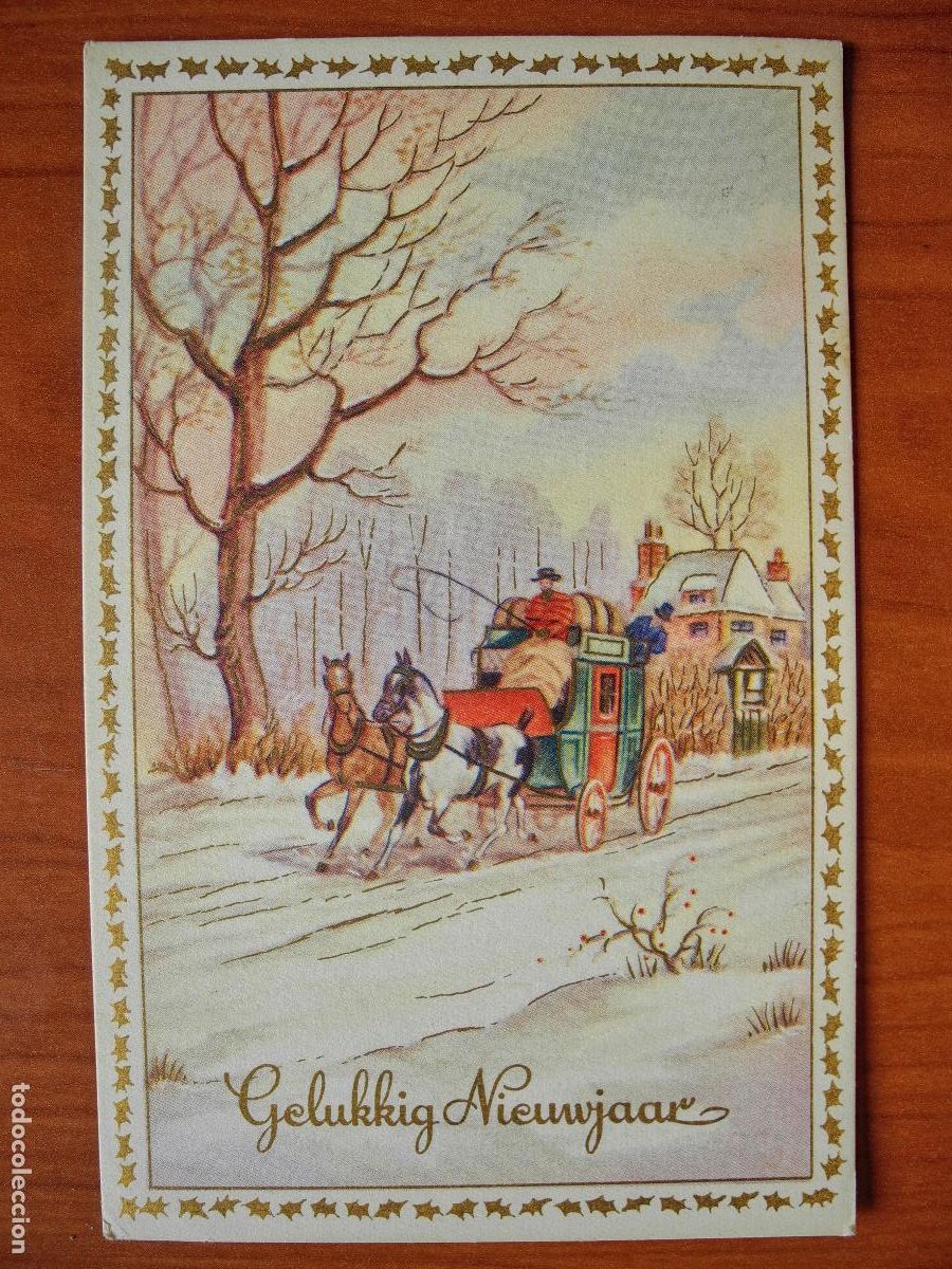 Postkarten: Postal Navidad coche de caballos paisaje nevado contornos dorados Circulada con sello 1953