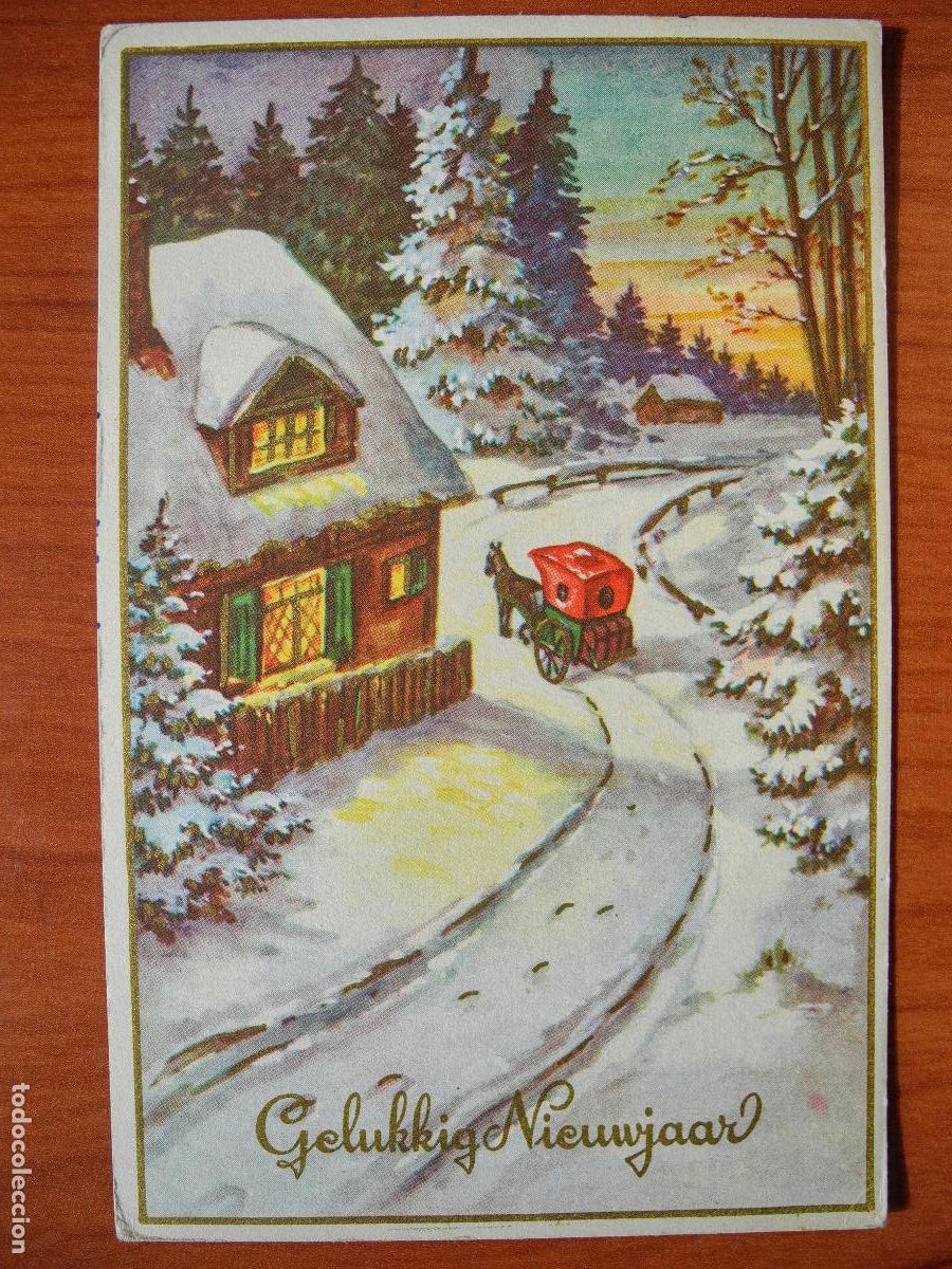Postkarten: Postal Navidad coche de caballos paisaje nevado casa contornos dorados Circulada con sello 1956