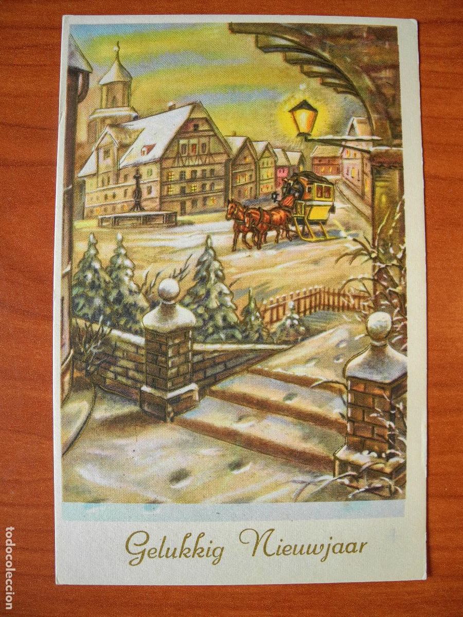 Postkarten: Postal Navidad coche de caballos paisaje nevado casas contornos dorados Circulada con sello a&ntilde;os 60