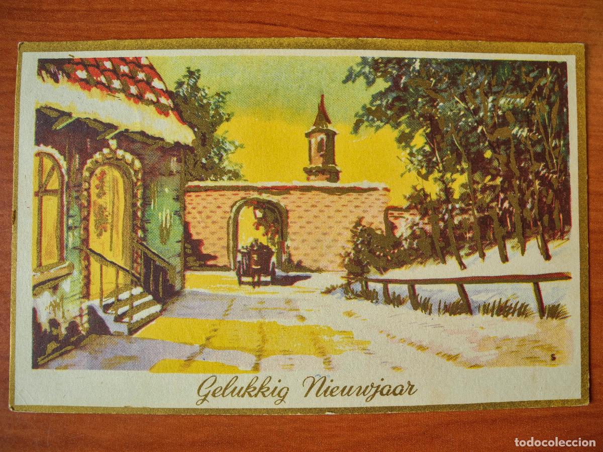 Postkarten: Postal Navidad coche de caballos paisaje nevado casa contornos dorados Circulada con sello 1953