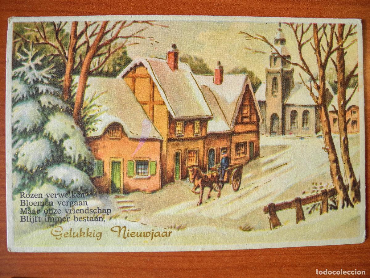 Postkarten: Postal Navidad carro paisaje nevado casas contornos dorados. Circulada con sello 1961