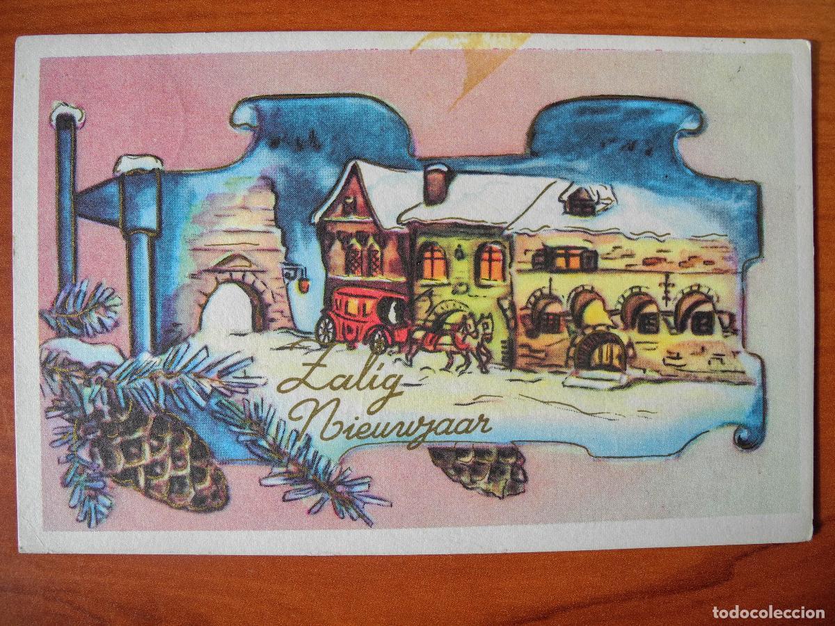 Postkarten: Postal Navidad Coche de caballos paisaje nevado casas contornos dorados. Circulada con sello 1973