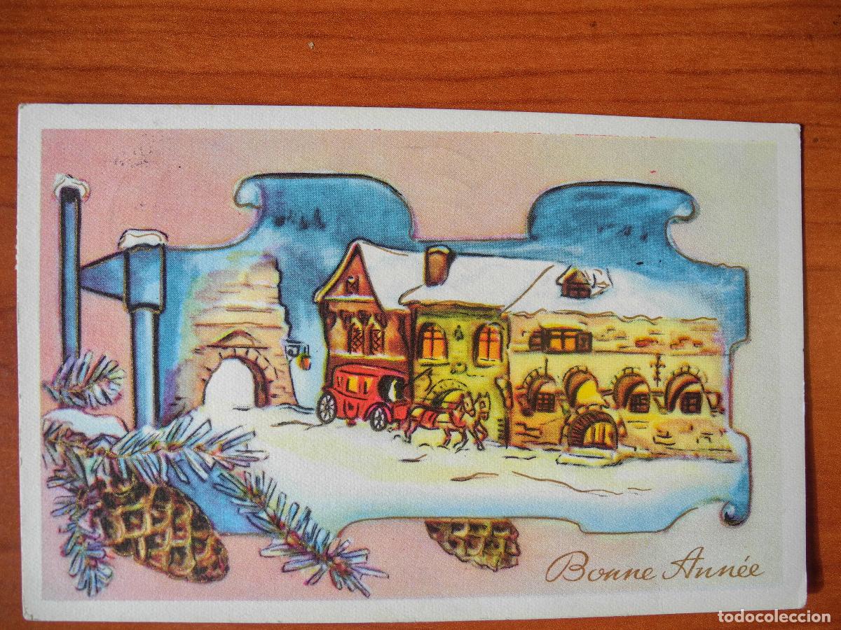 Cartes Postales: Postal Navidad Coche de caballos paisaje nevado casas contornos dorados. Circulada con sello 1967