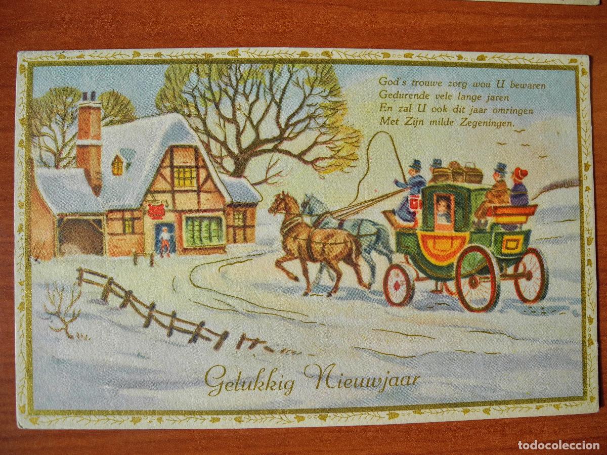Postais: Postal Navidad coche de caballos paisaje nevado casas contornos dorados. Circulada con sello 1976
