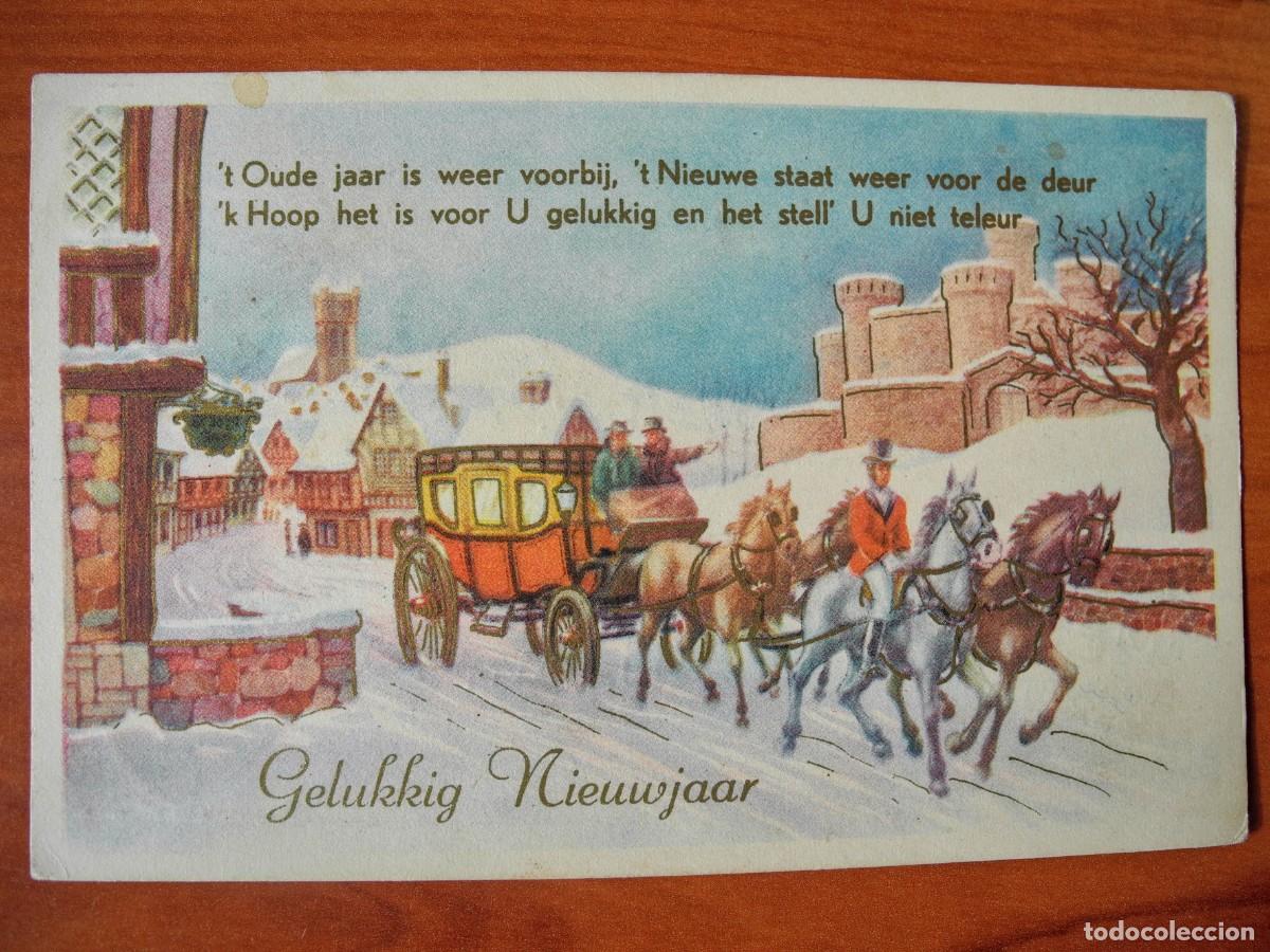 Postais: Postal Navidad coche de caballos paisaje nevado casas contornos dorados. Circulada con sello 1956