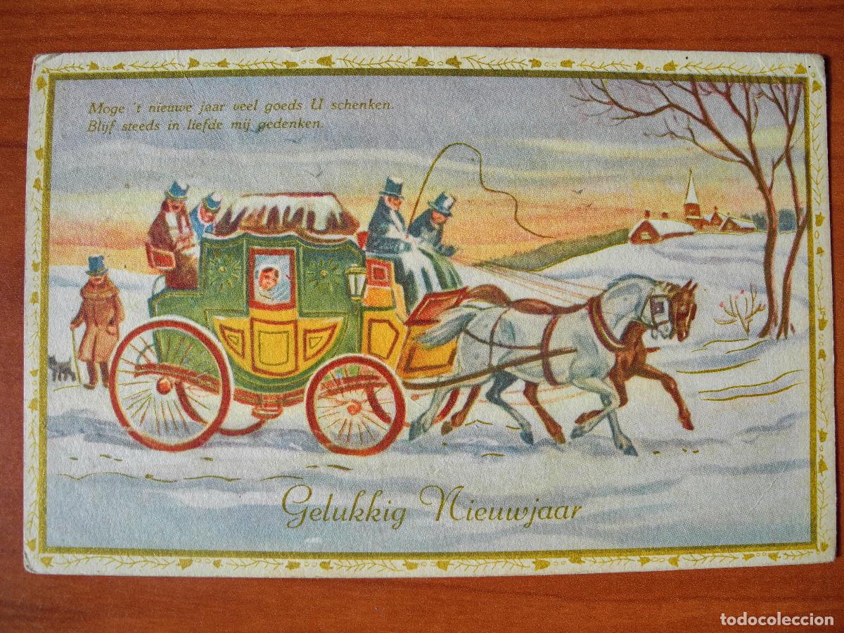 Postais: Postal Navidad coche de caballos paisaje nevado contornos dorados. Circulada con sello 1958