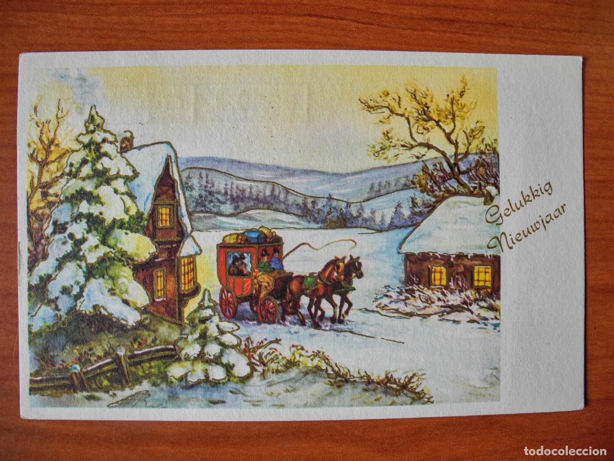 Postcards: Postal Navidad coche de caballos paisaje nevado casas contornos dorados. Circulada con sello 1961