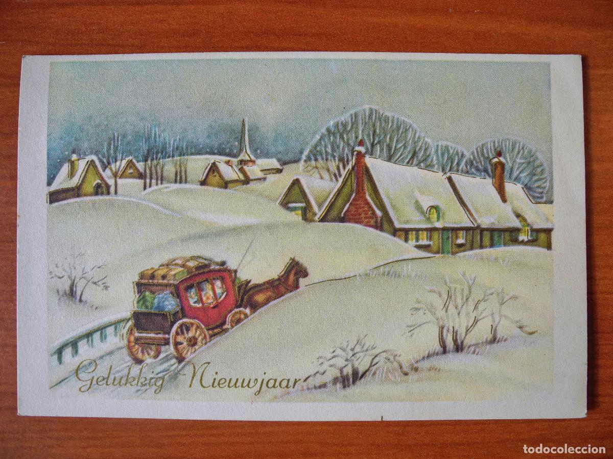 Postcards: Postal Navidad coche de caballos paisaje nevado casas contornos dorados. Circulada con sello 1961