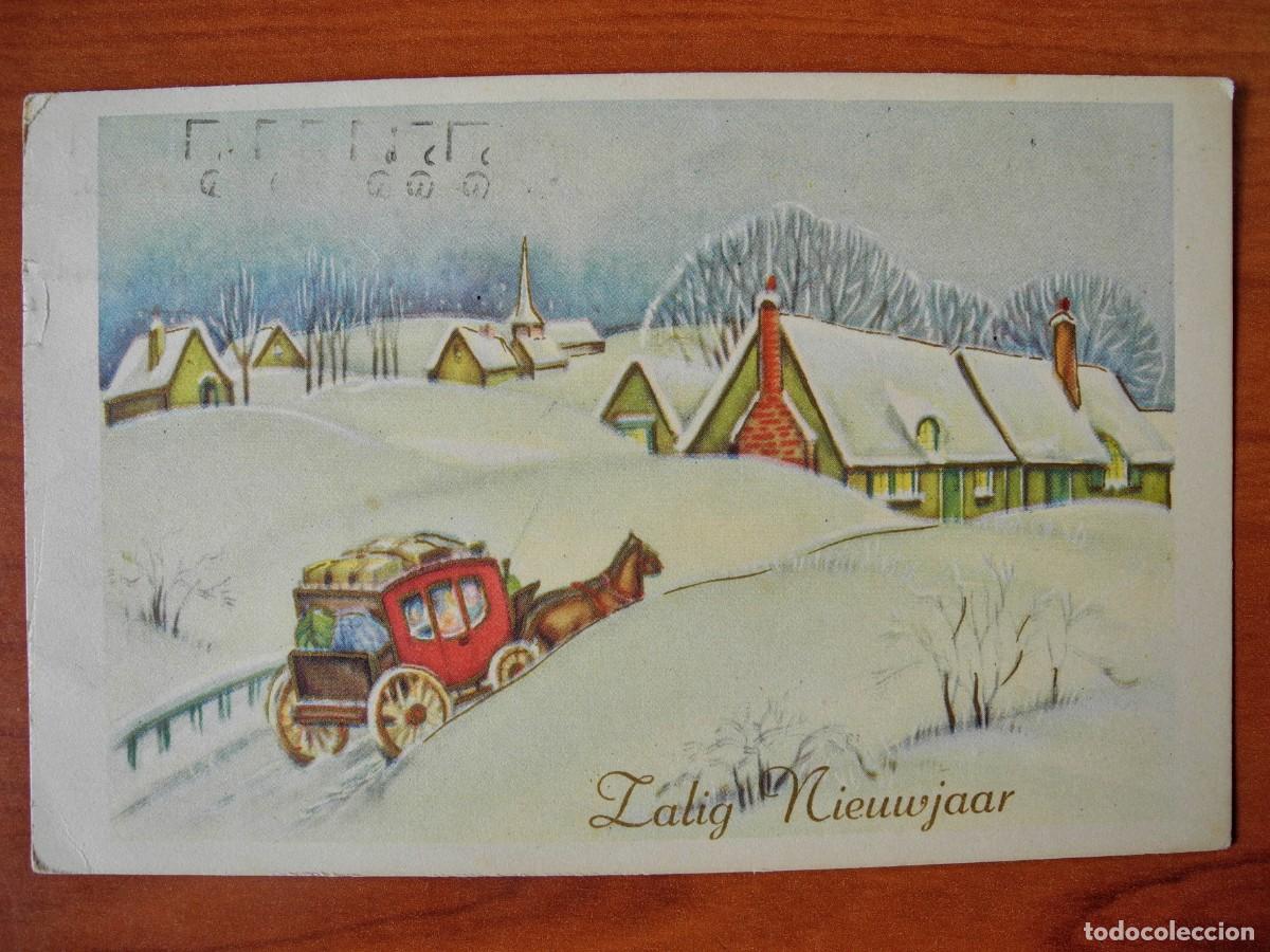 Postcards: Postal Navidad coche de caballos paisaje nevado casas contornos dorados. Circulada con sello 1971