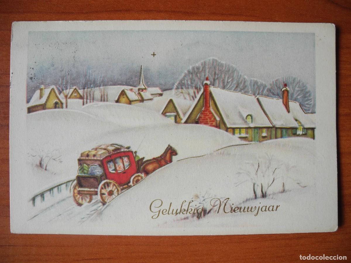 Postcards: Postal Navidad coche de caballos paisaje nevado casas contornos dorados. Circulada con sello 1956