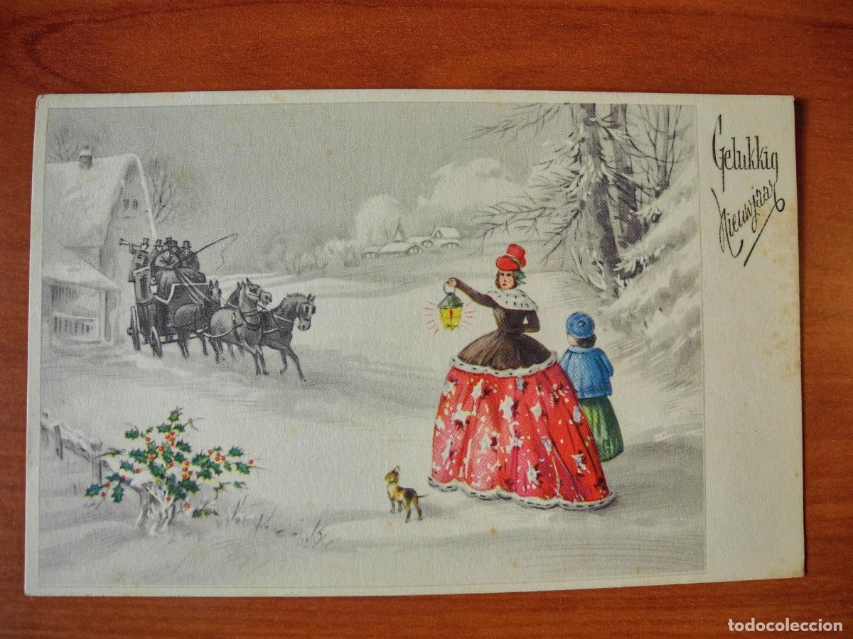 Postcards: Postal Navidad coche de caballos paisaje nevado casa personas. Circulada con sello 1960