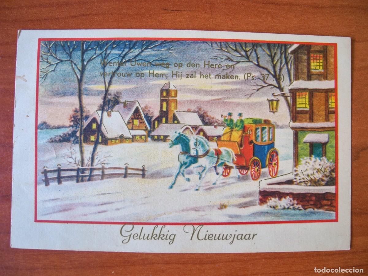 Postcards: Postal Navidad coche de caballos paisaje nevado casa personas. Contornos dorados. Escrita