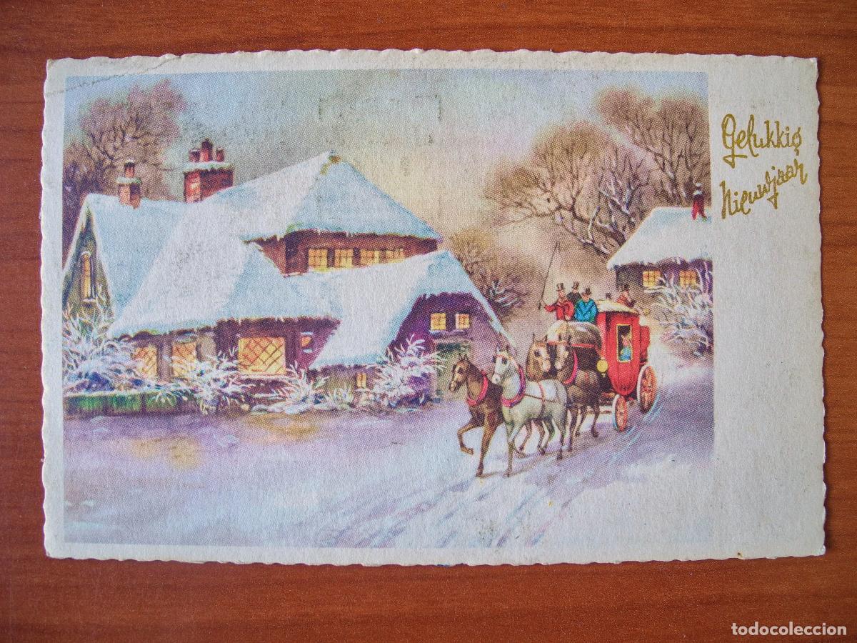 Postcards: Postal Navidad coche de caballos paisaje nevado casa personas. Circulada con sello 1962