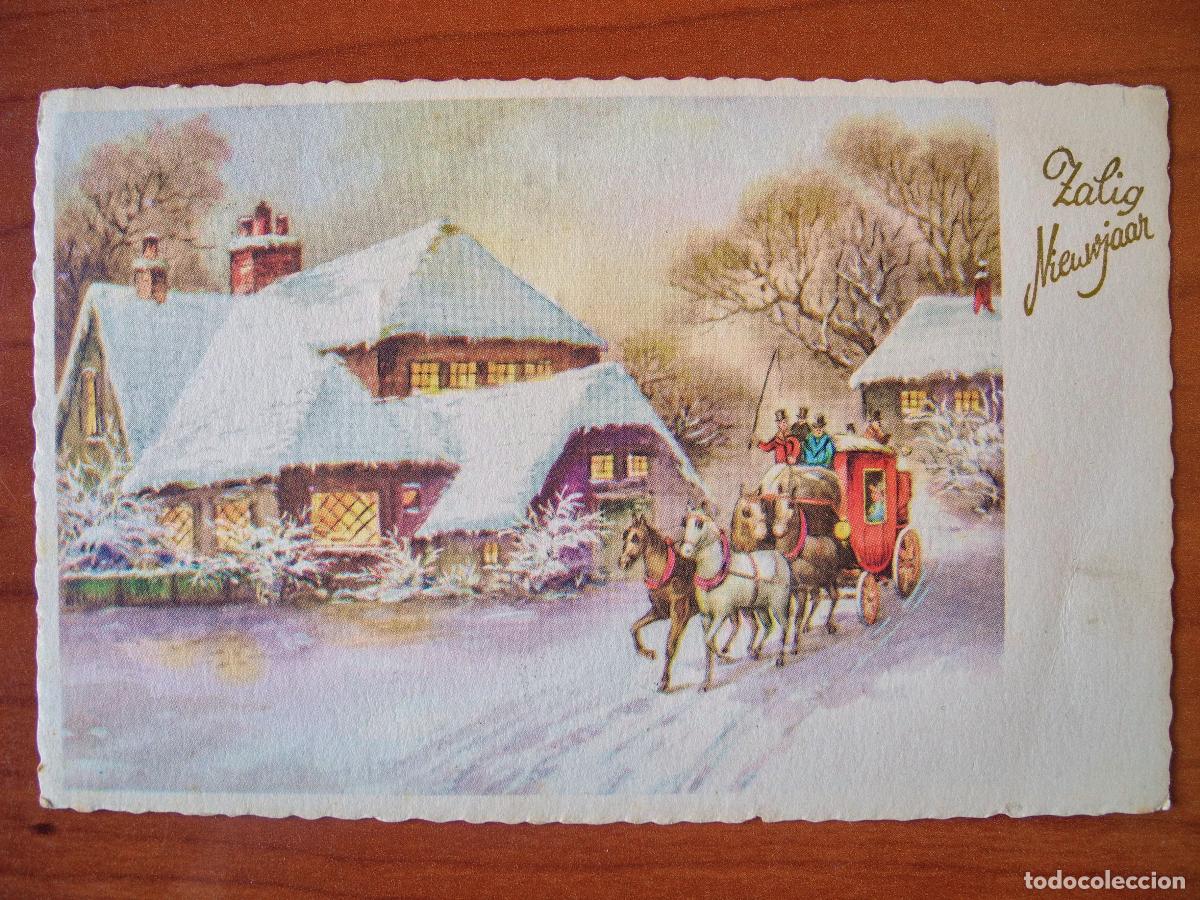 Postcards: Postal Navidad coche de caballos paisaje nevado casa personas. Circulada con sello 1962