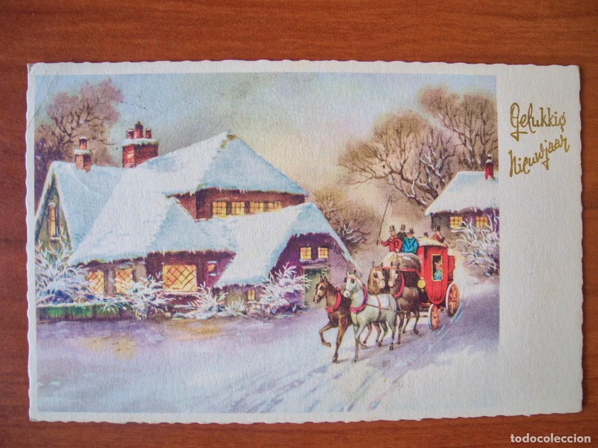 Postcards: Postal Navidad coche de caballos paisaje nevado casa personas. Circulada con sello 1961
