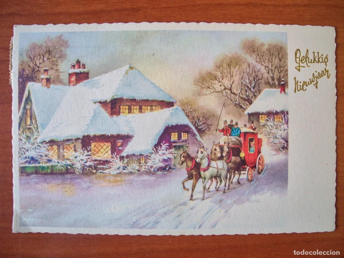 Postcards: Postal Navidad coche de caballos paisaje nevado casa personas. Circulada con sello