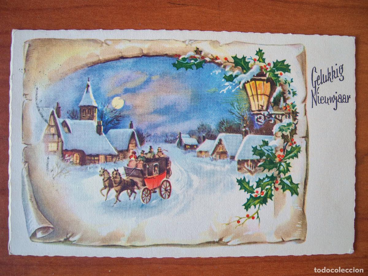 Postcards: Postal Navidad coche de caballos paisaje nevado casa personas. Circulada con sello 1961