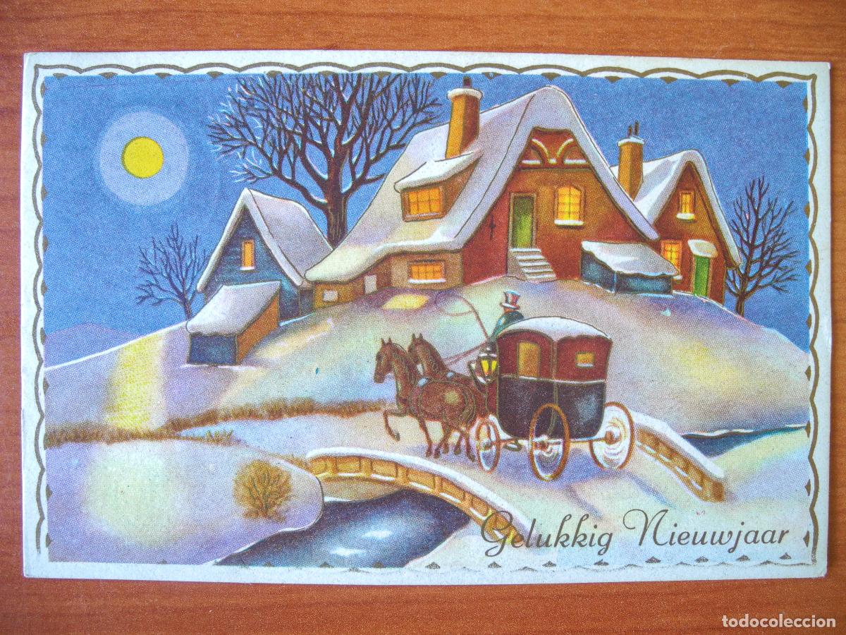 Postcards: Postal Navidad coche de caballos paisaje nevado casa personas contornos dorados. Circulada con sello