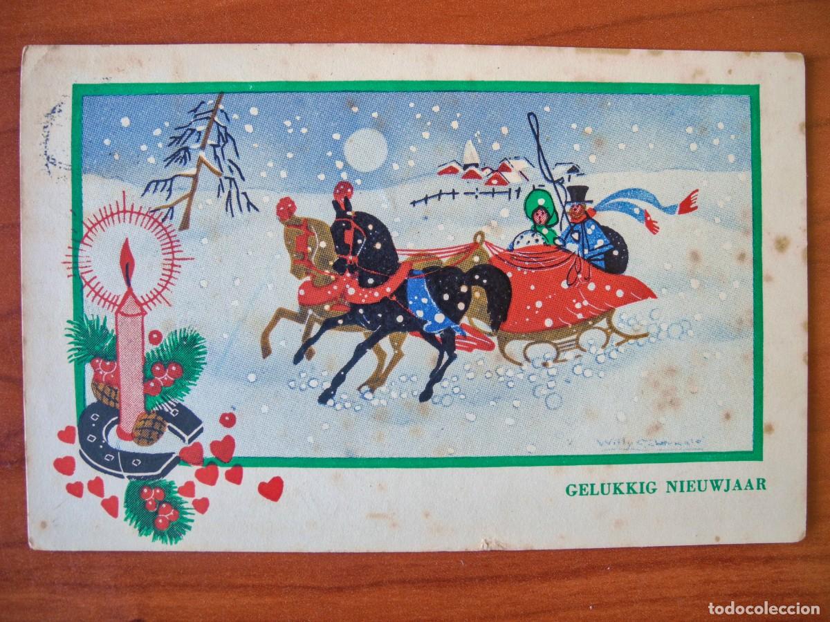 Postcards: Postal Navidad trineo de caballos paisaje nevado casa personas . Circulada con sello 1948