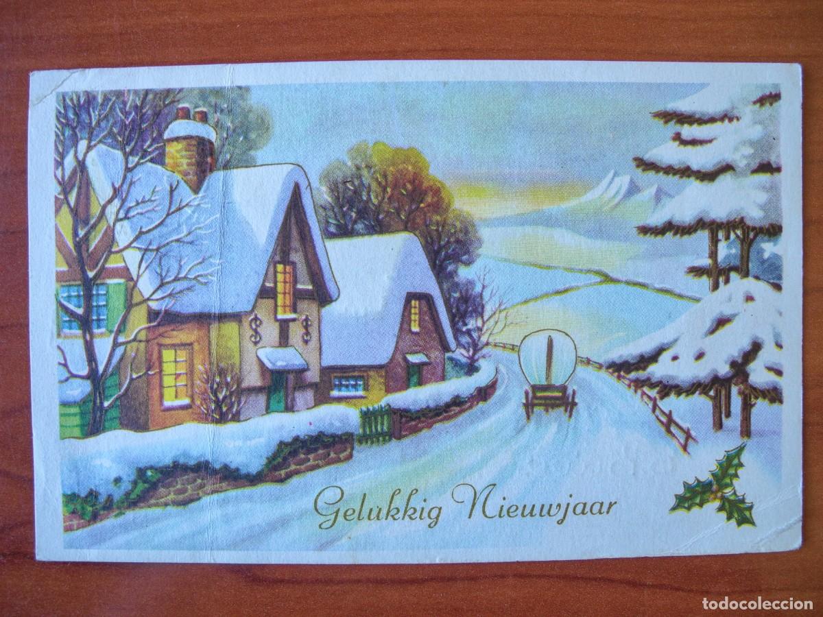 Postcards: Postal Navidad Carreta de caballos paisaje nevado casa contornos dorados. Circulada 1967