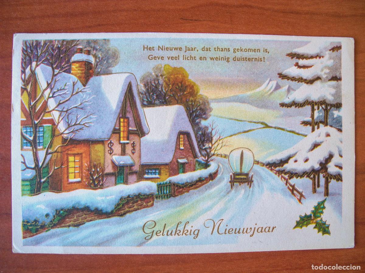 Cartes Postales: Postal Navidad Carreta de caballos paisaje nevado casa contornos dorados. Circulada