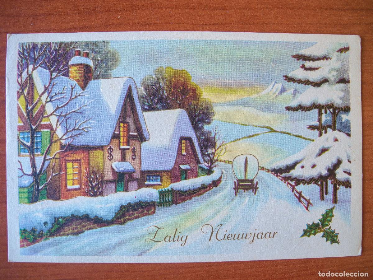 Postkarten: Postal Navidad Carreta de caballos paisaje nevado casa contornos dorados. Circulada