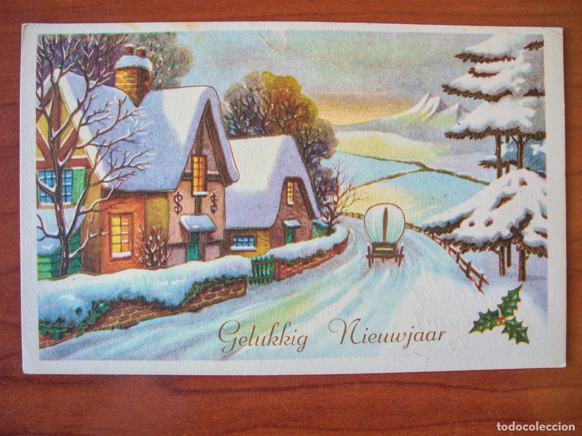 Postkarten: Postal Navidad Carreta de caballos paisaje nevado casa contornos dorados. Circulada
