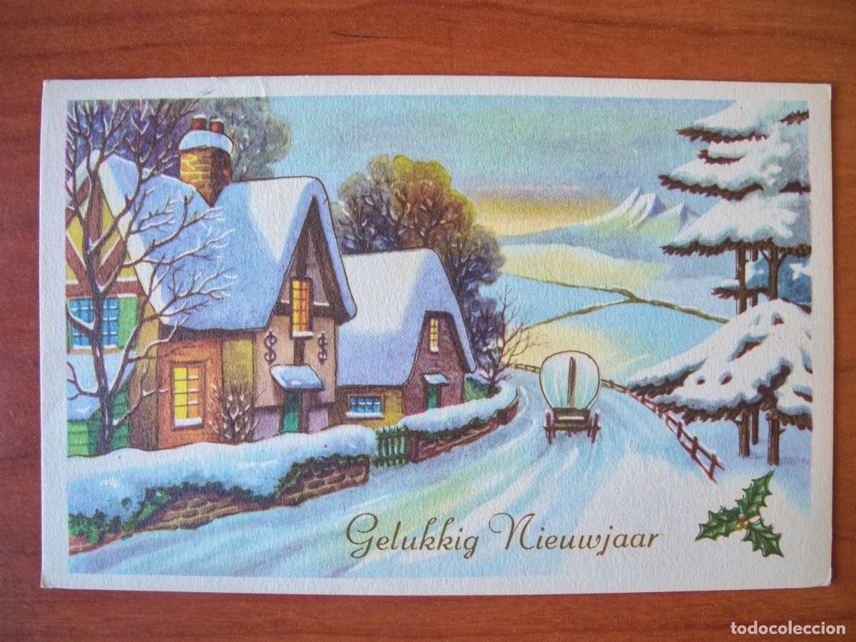 Postkarten: Postal Navidad Carreta de caballos paisaje nevado casa contornos dorados. Circulada 1965