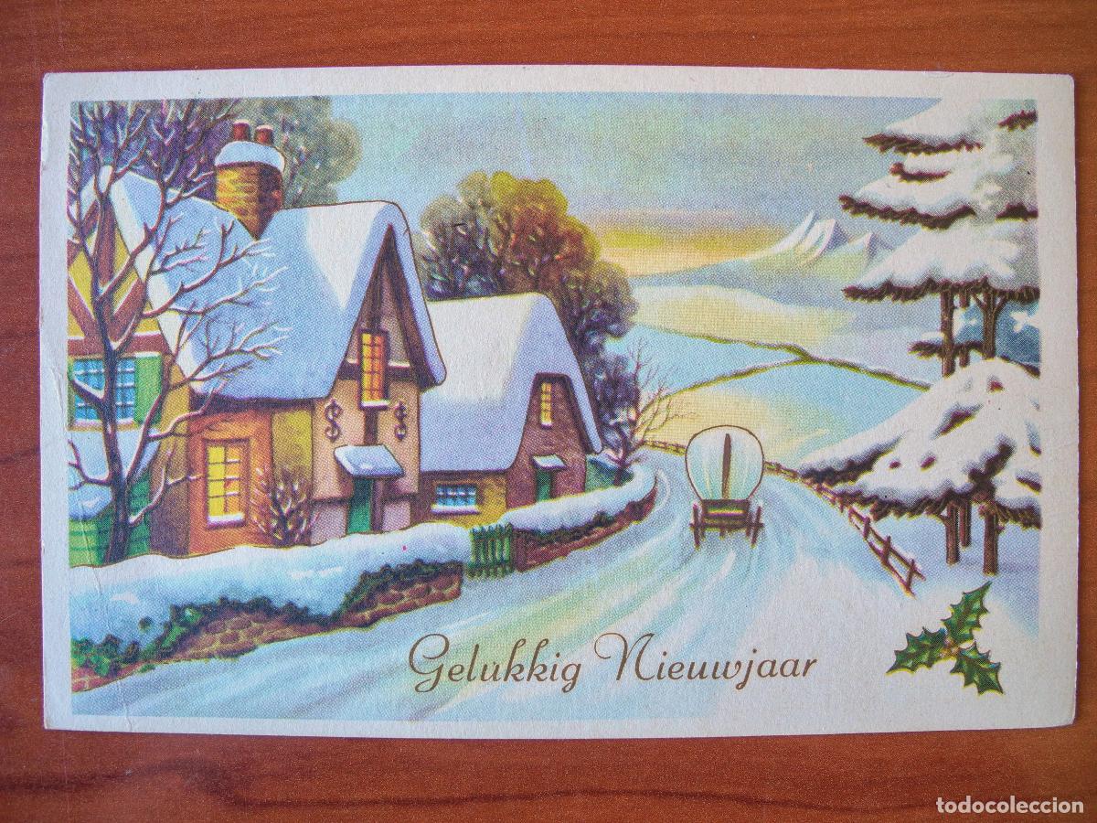 Postkarten: Postal Navidad Carreta de caballos paisaje nevado casa contornos dorados. Circulada 1976