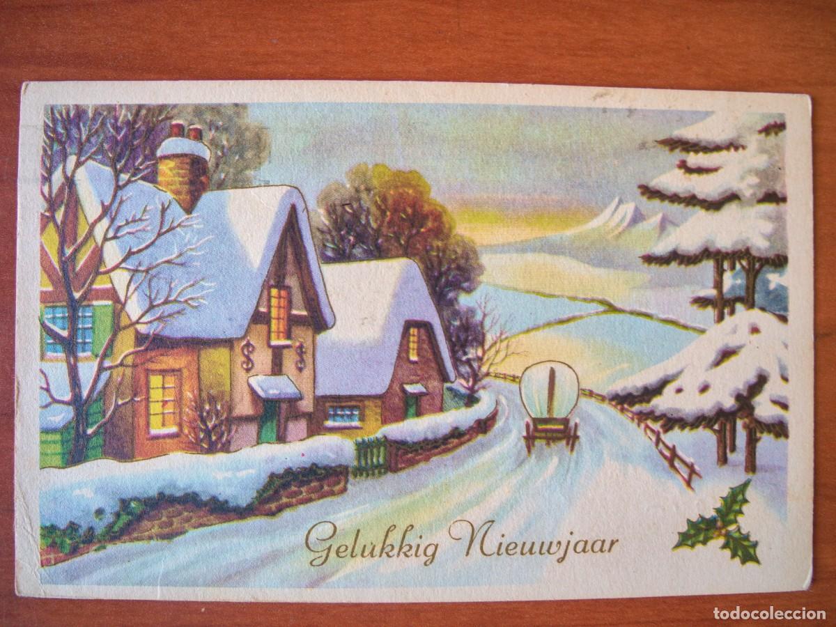 Postkarten: Postal Navidad Carreta de caballos paisaje nevado casa contornos dorados. Circulada