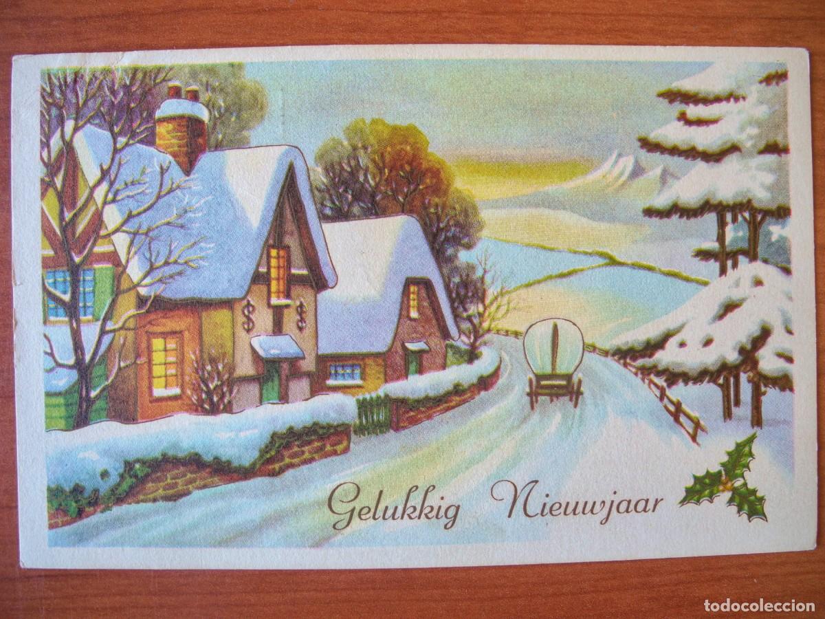 Postkarten: Postal Navidad Carreta de caballos paisaje nevado casa. Circulada sin sello