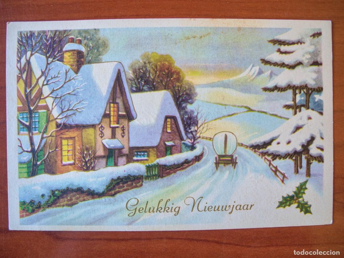 Postkarten: Postal Navidad Carreta de caballos paisaje nevado casa contornos dorados. Circulada con sello 1967
