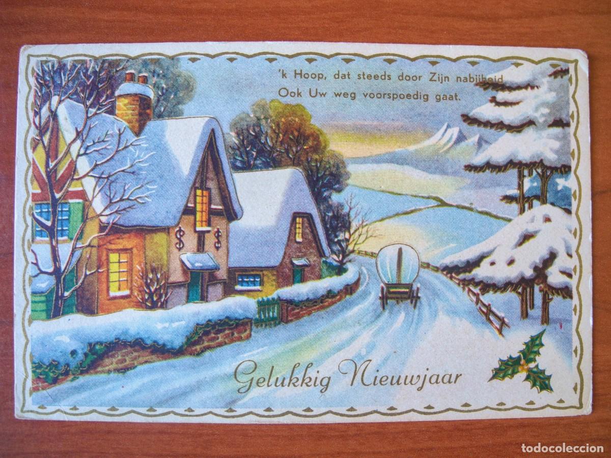 Postkarten: Postal Navidad Carreta de caballos paisaje nevado casa contornos dorados. Circulada con sello 1957