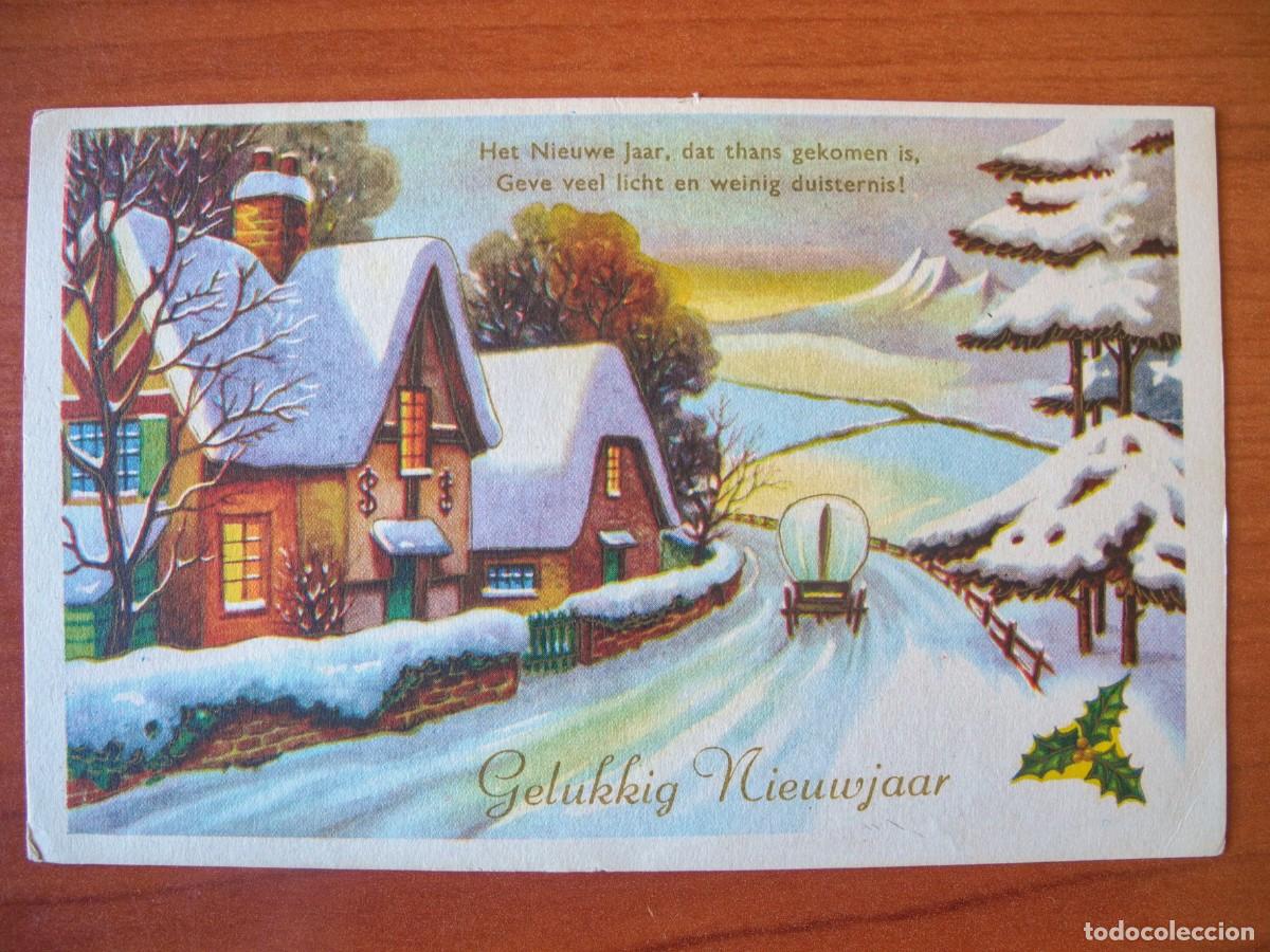 Postkarten: Postal Navidad Carreta de caballos paisaje nevado casa. Circulada con sello