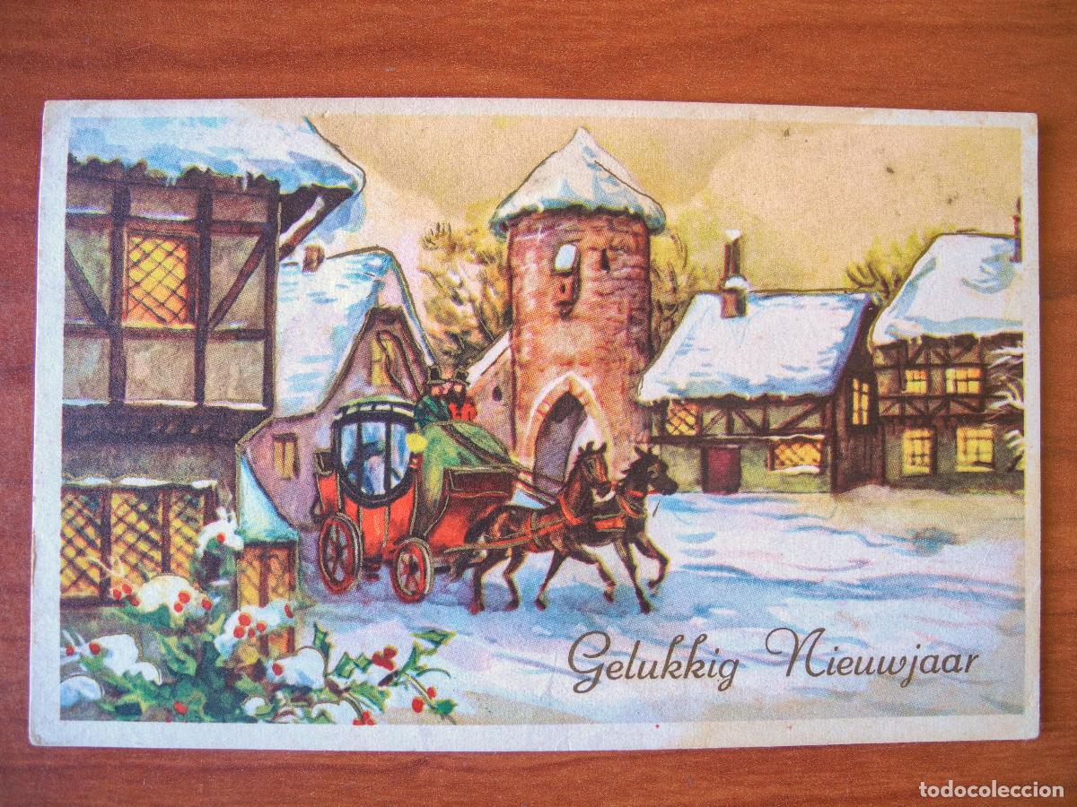 Postkarten: Postal Navidad Carreta de caballos paisaje nevado casas contornos dorados. Circulada con sello 1960