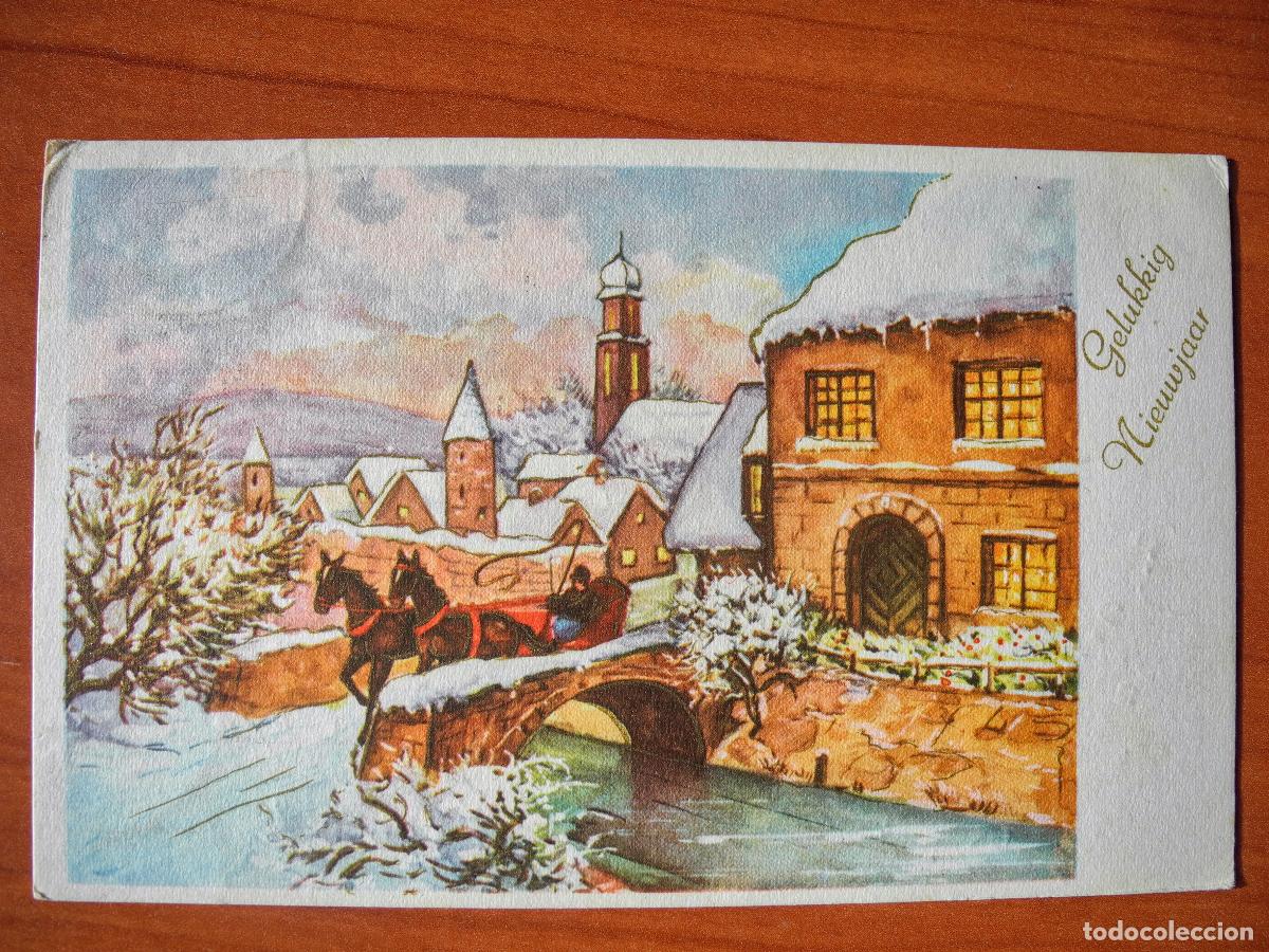 Cartes Postales: Postal Navidad Trineo de caballos paisaje nevado casas contornos dorados. Circulada con sello 1964