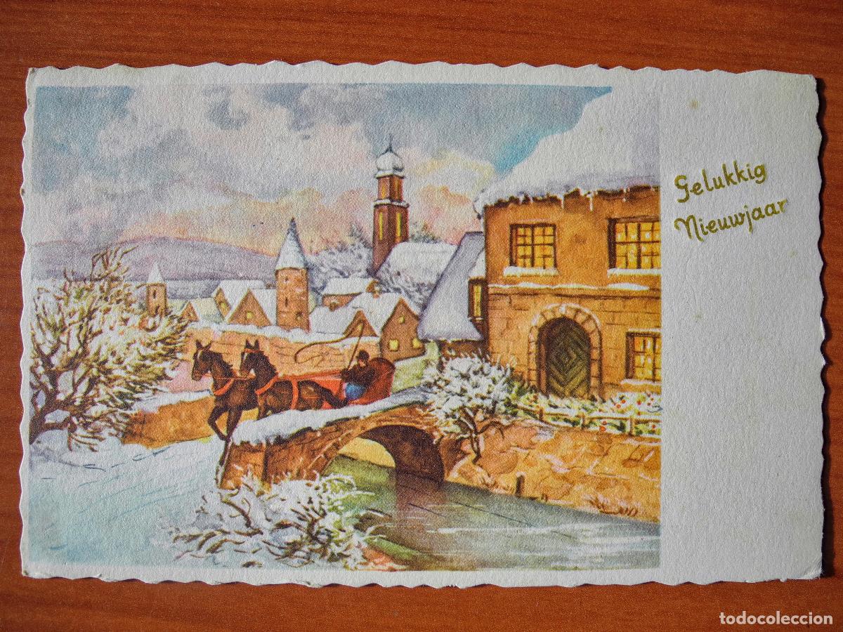 Cartes Postales: Postal Navidad Trineo de caballos paisaje nevado casas. Circulada con sello 1959
