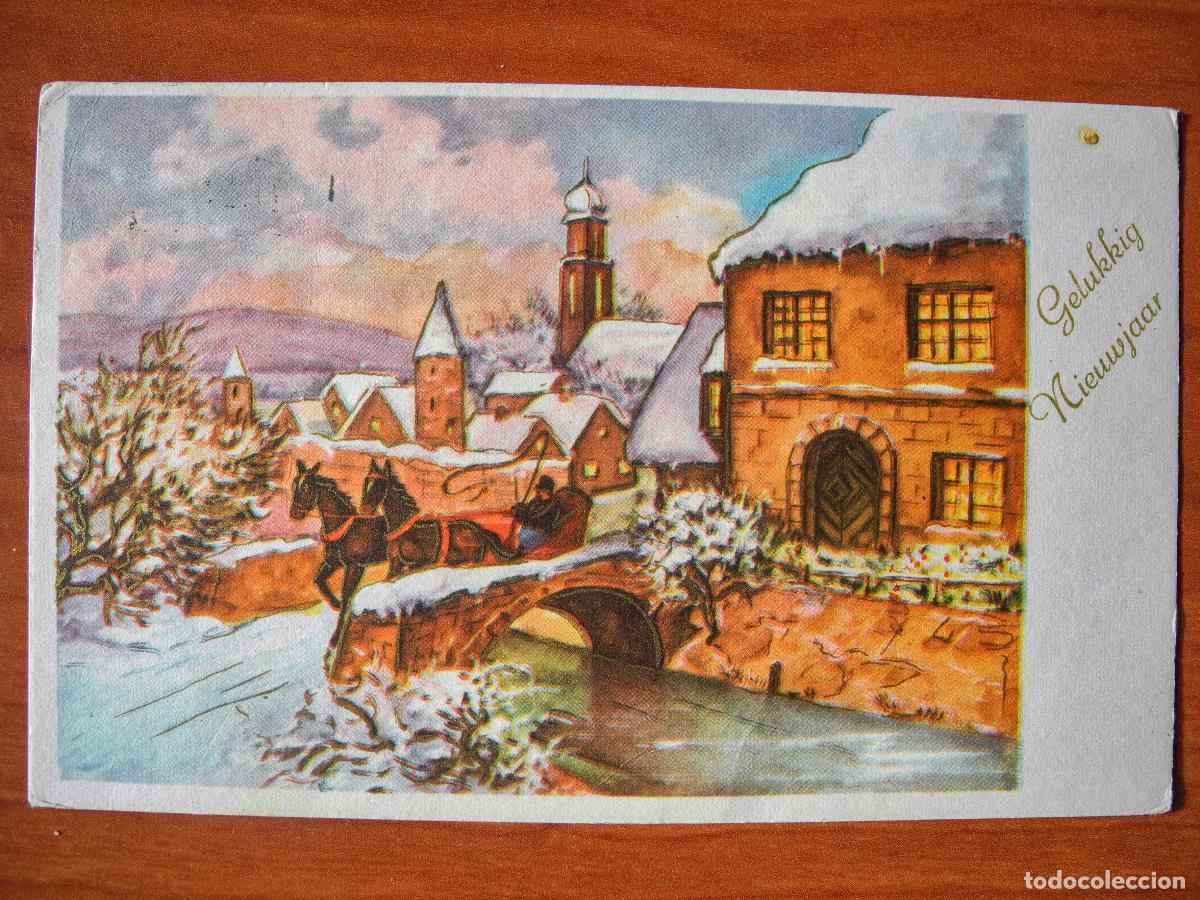 Cartes Postales: Postal Navidad Trineo de caballos paisaje nevado casas contornos dorados. Circulada con sello